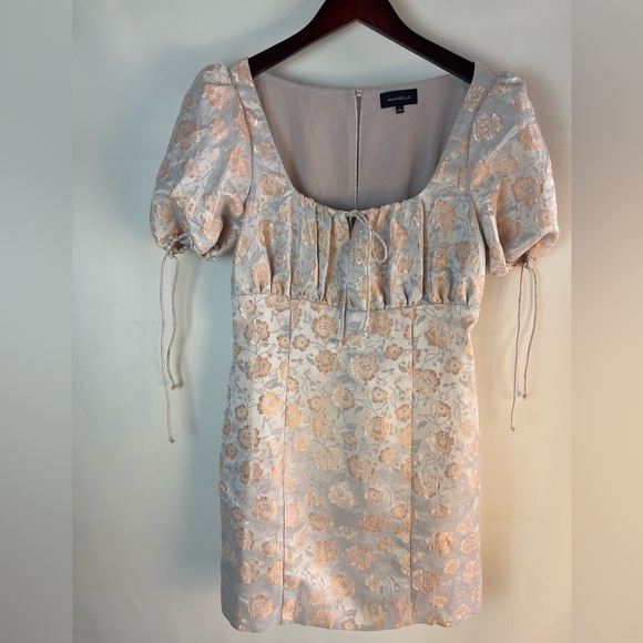 Majorelle Baby Blue Puff Sleeve Mini Dress with Peach Floral Print. Size Small - Picture 8 of 10